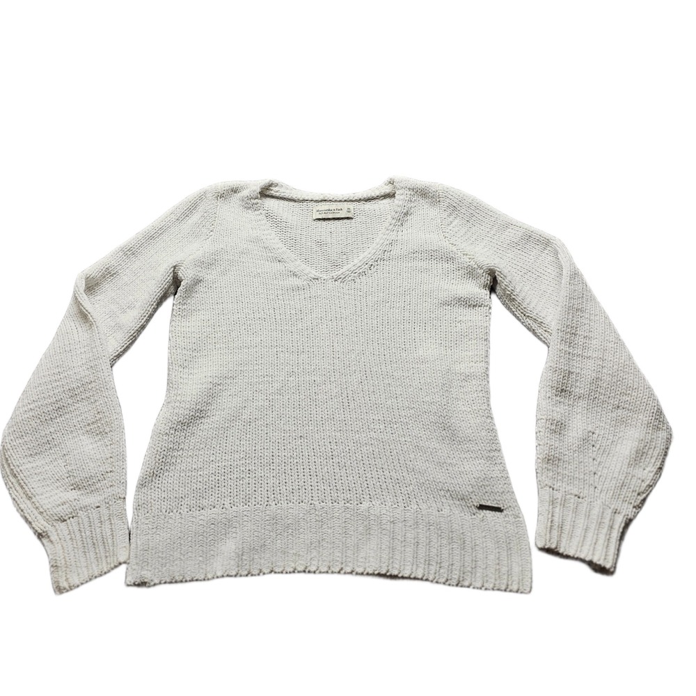 Abercrombie & Fitch Sweater Women XS White Knit V-Neck Long Sleeve Soft Pullover